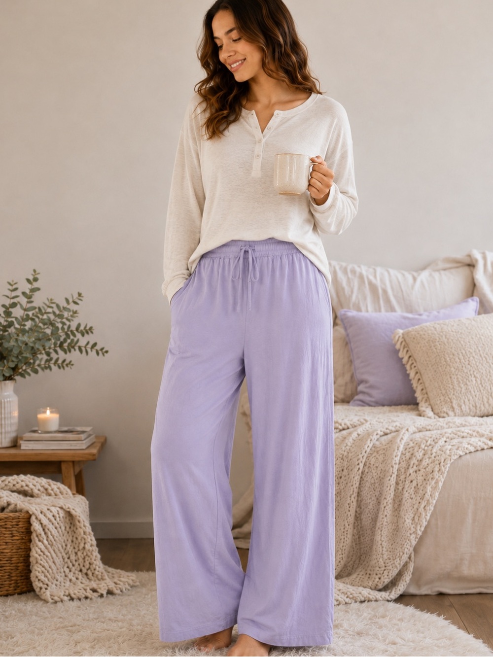 Rae Mode Cotton Slub Lounging Wide Pants in lavender